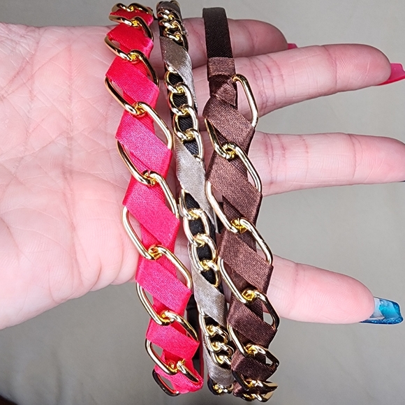 Set of 3 Satin with Gold Chain Accent Headbands - Picture 7 of 8